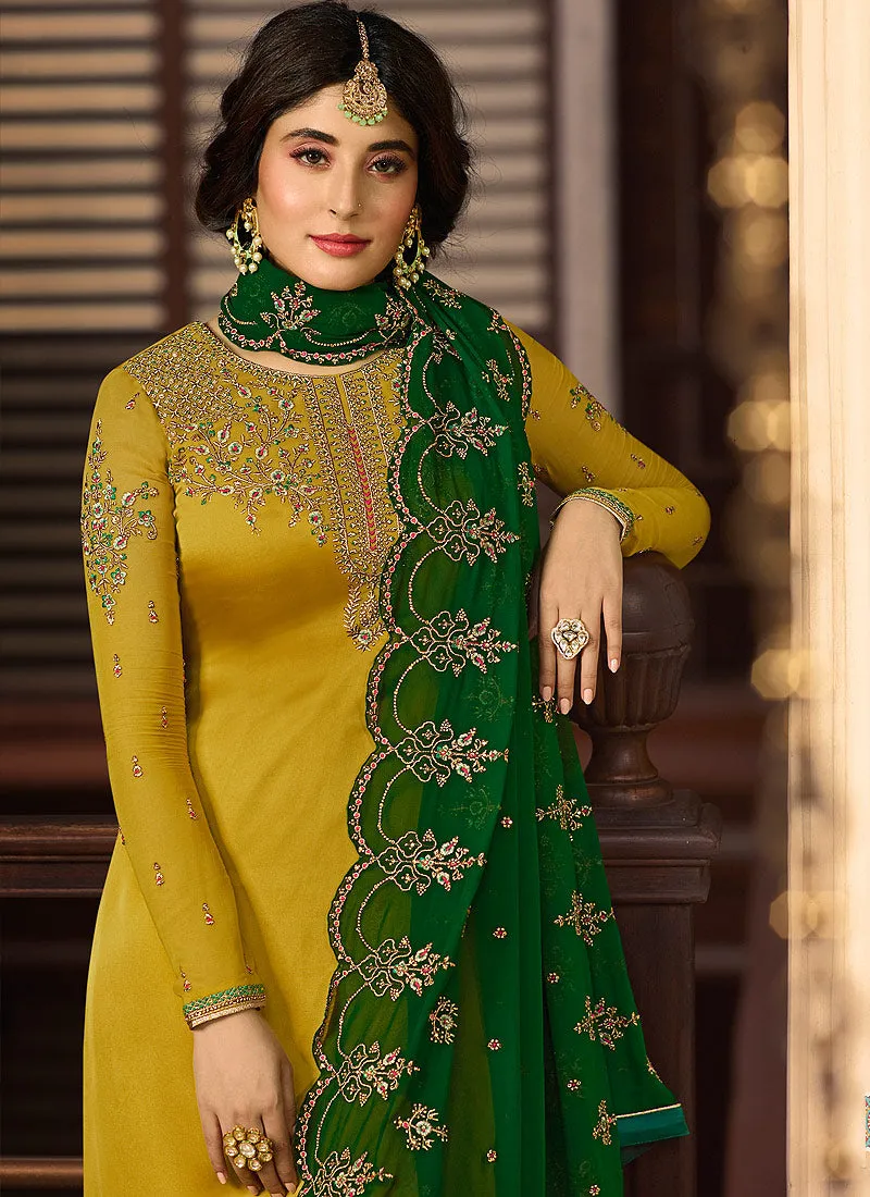 Yellow And Green Multi Embroidered Designer Pakistani Palazzo Suit