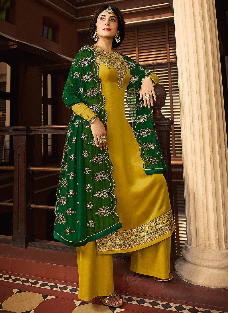 Yellow And Green Multi Embroidered Designer Pakistani Palazzo Suit