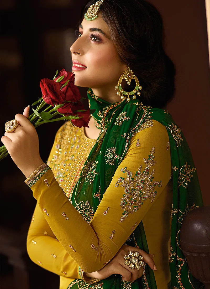 Yellow And Green Multi Embroidered Designer Pakistani Palazzo Suit