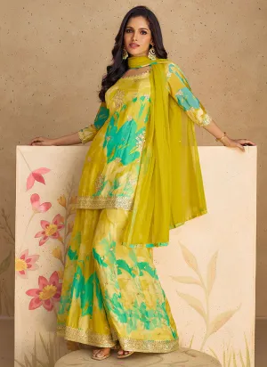 Yellow And Green Sequence Embroidery Printed Palazzo Suit