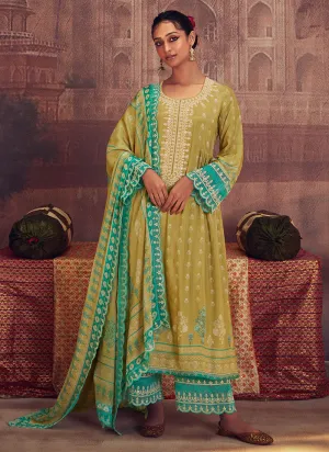 Yellow And Green Thread Embroidery Anarkali Palazzo Suit