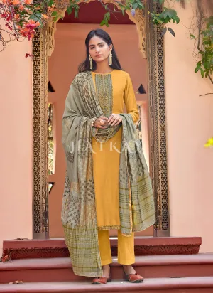 Yellow And Grey Embroidered Pant Style Salwar Suit