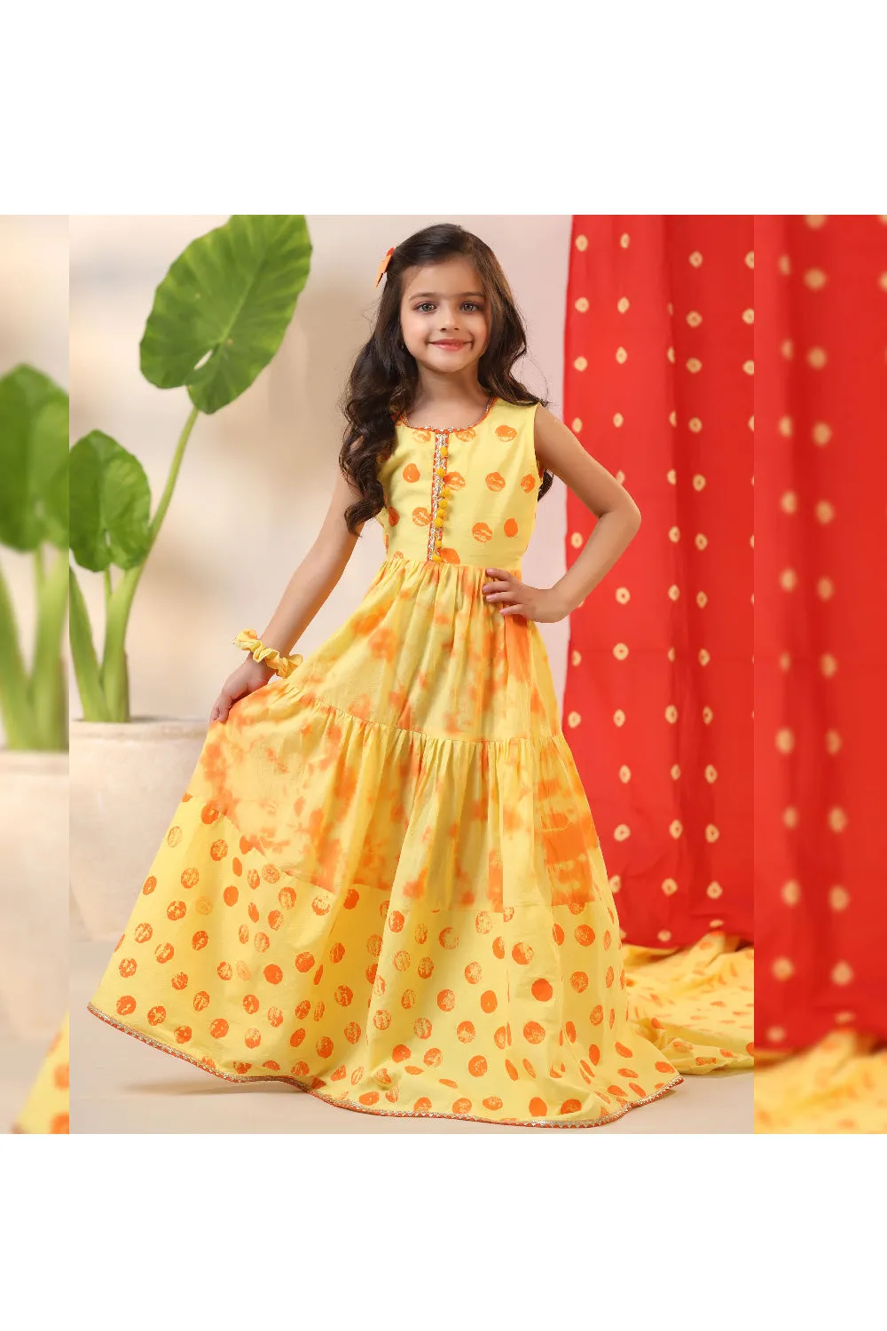 Yellow And Orange Printed Cotton Long Dress