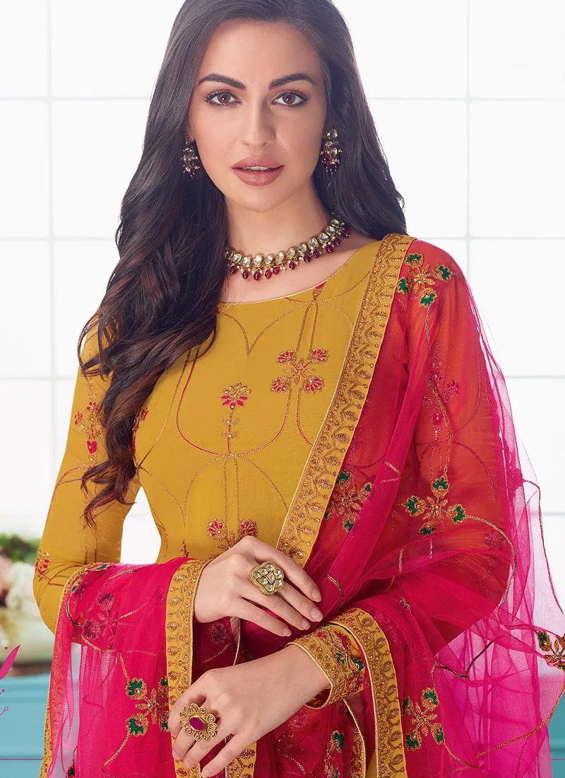 Yellow And Pink Embroidered Indian Churidar Suit