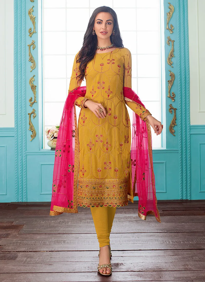 Yellow And Pink Embroidered Indian Churidar Suit