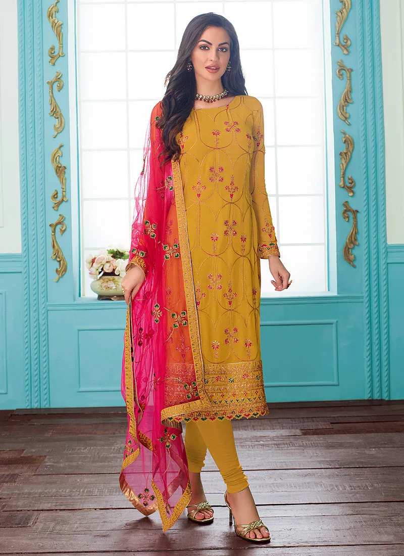 Yellow And Pink Embroidered Indian Churidar Suit