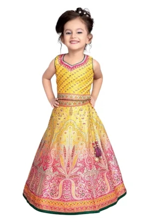 Yellow and pink embroidered kids lehenga set