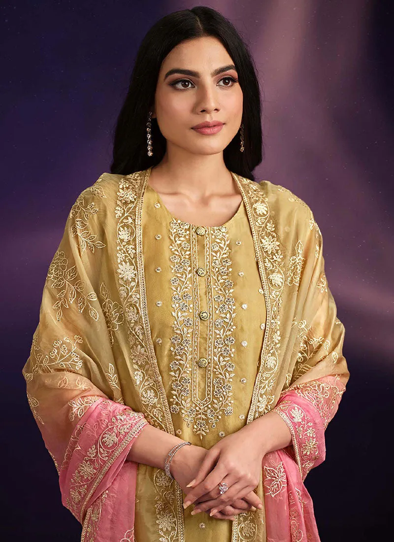 Yellow And Pink Embroidered Salwar Kameez Suit