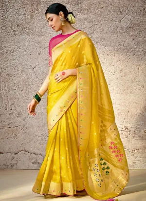 Yellow And Pink Floral Kora Banarasi Silk Saree