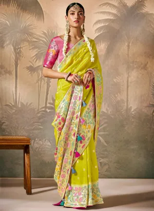 Yellow And Pink Floral Munga Silk Saree