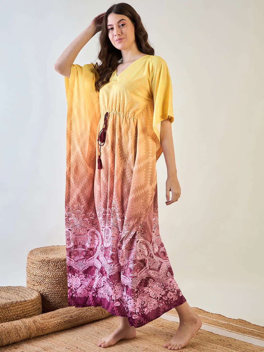 Yellow and Pink Gradient Kaftan with Intricate Floral Patterns