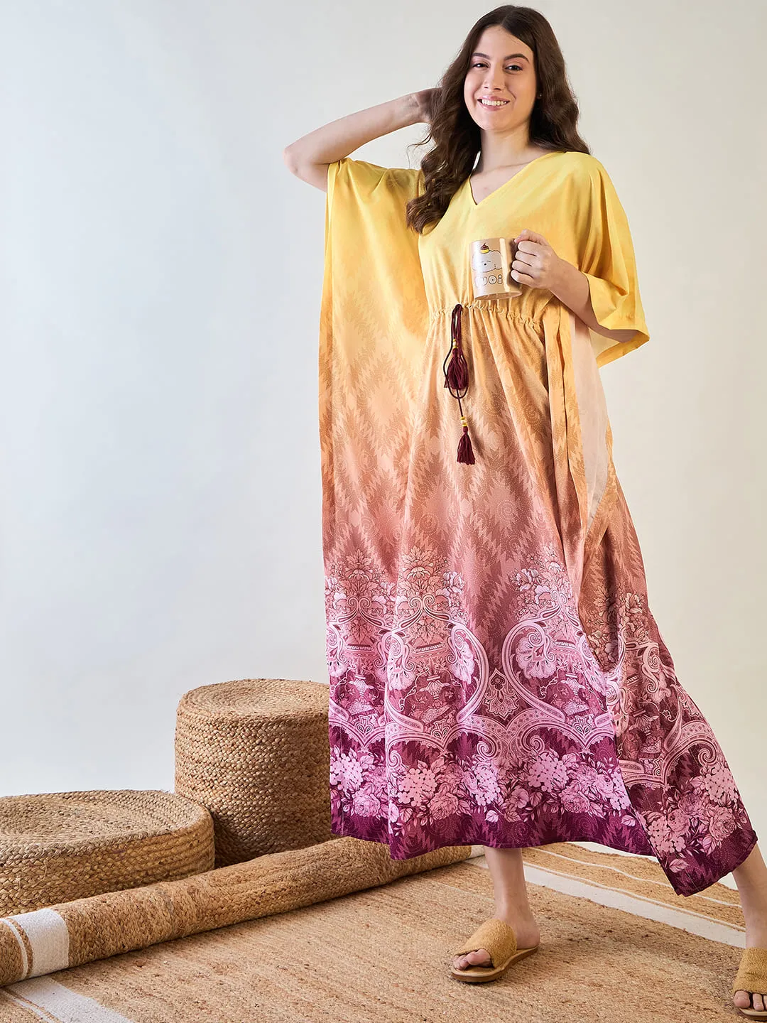 Yellow and Pink Gradient Kaftan with Intricate Floral Patterns