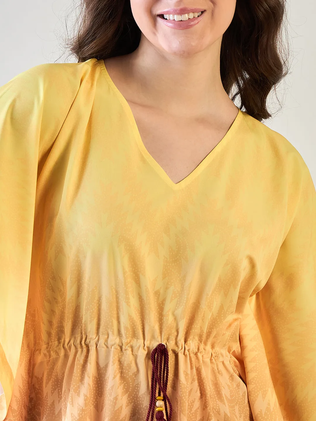 Yellow and Pink Gradient Kaftan with Intricate Floral Patterns