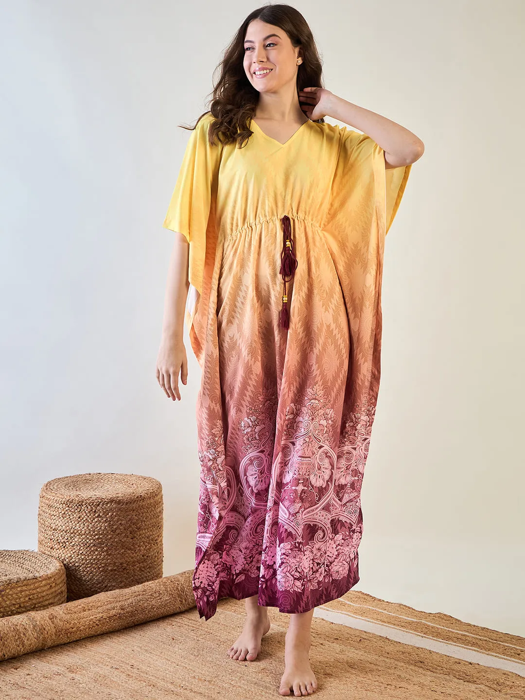 Yellow and Pink Gradient Kaftan with Intricate Floral Patterns