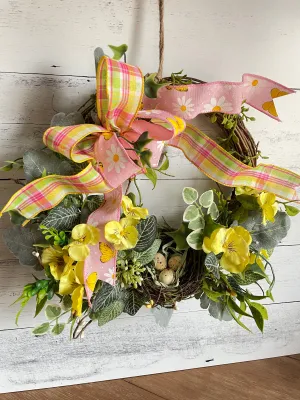 Yellow and Pink Pansy and Bird's nest silk wreath