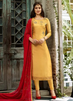 Yellow And Red Crystal Embroidered Churidar Suit