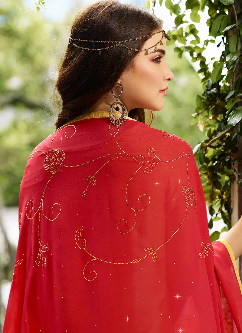 Yellow And Red Crystal Embroidered Churidar Suit