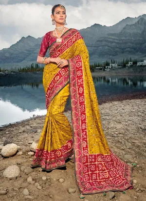 Yellow And Red Multi Embroidery Bhandhej Satin Silk Saree