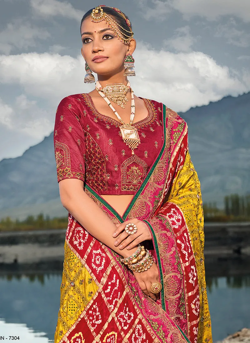 Yellow And Red Multi Embroidery Bhandhej Satin Silk Saree