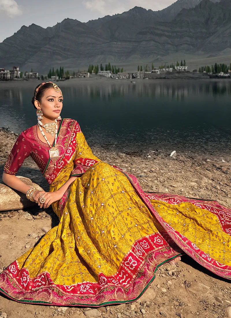 Yellow And Red Multi Embroidery Bhandhej Satin Silk Saree