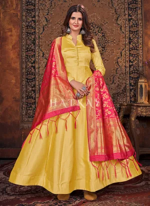 Yellow And Red Silk Embroidered Anarkali Suit