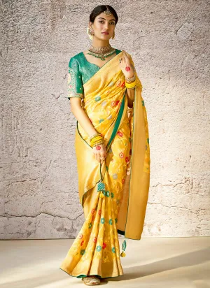 Yellow And Teal Floral Kora Banarasi Silk Saree