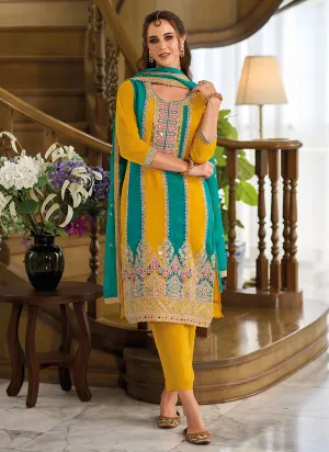 Yellow And Turquoise Thread Embroidery Pant Style Suit