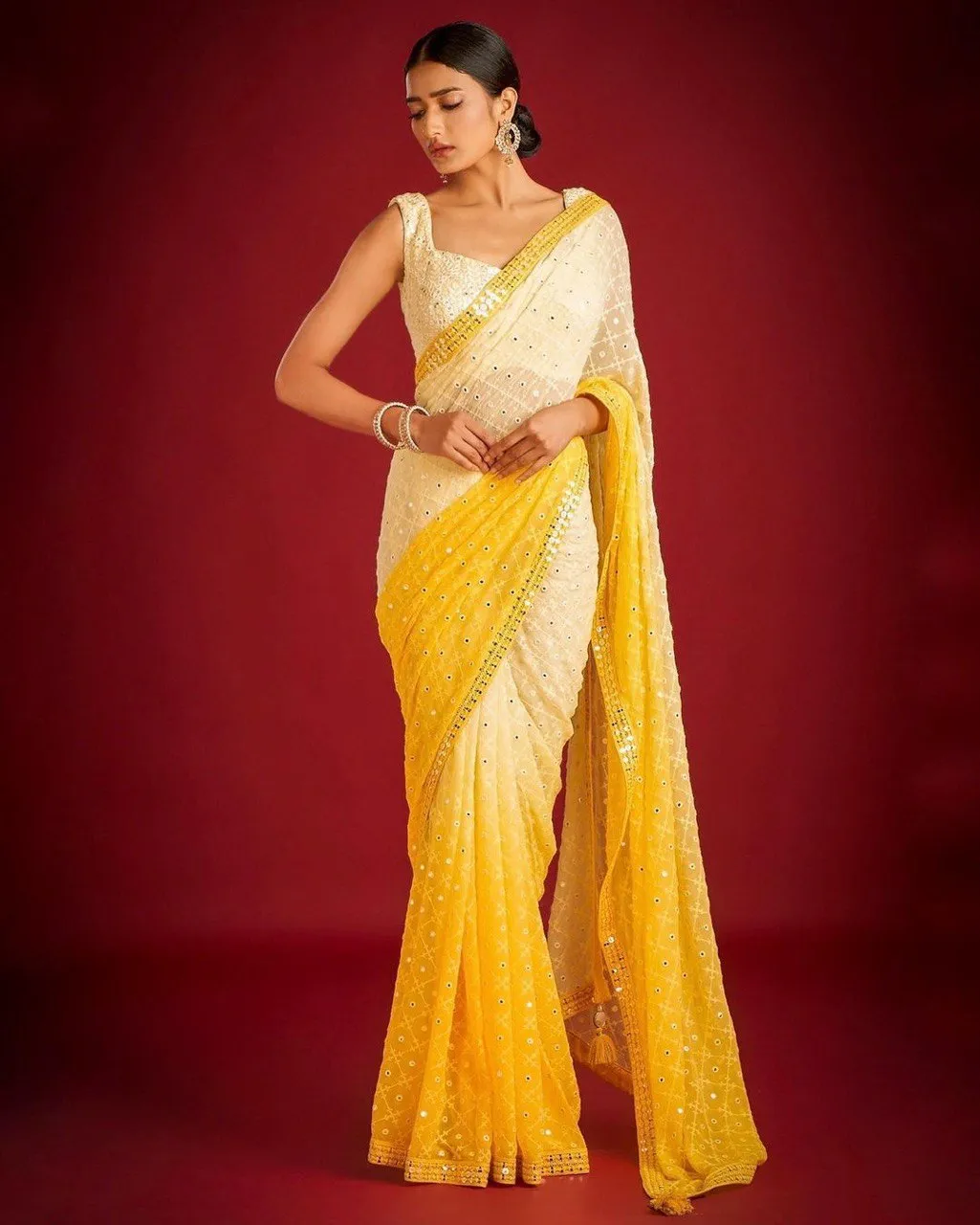 Yellow and White Pure Georgette Embroidered Sequence Work Saree