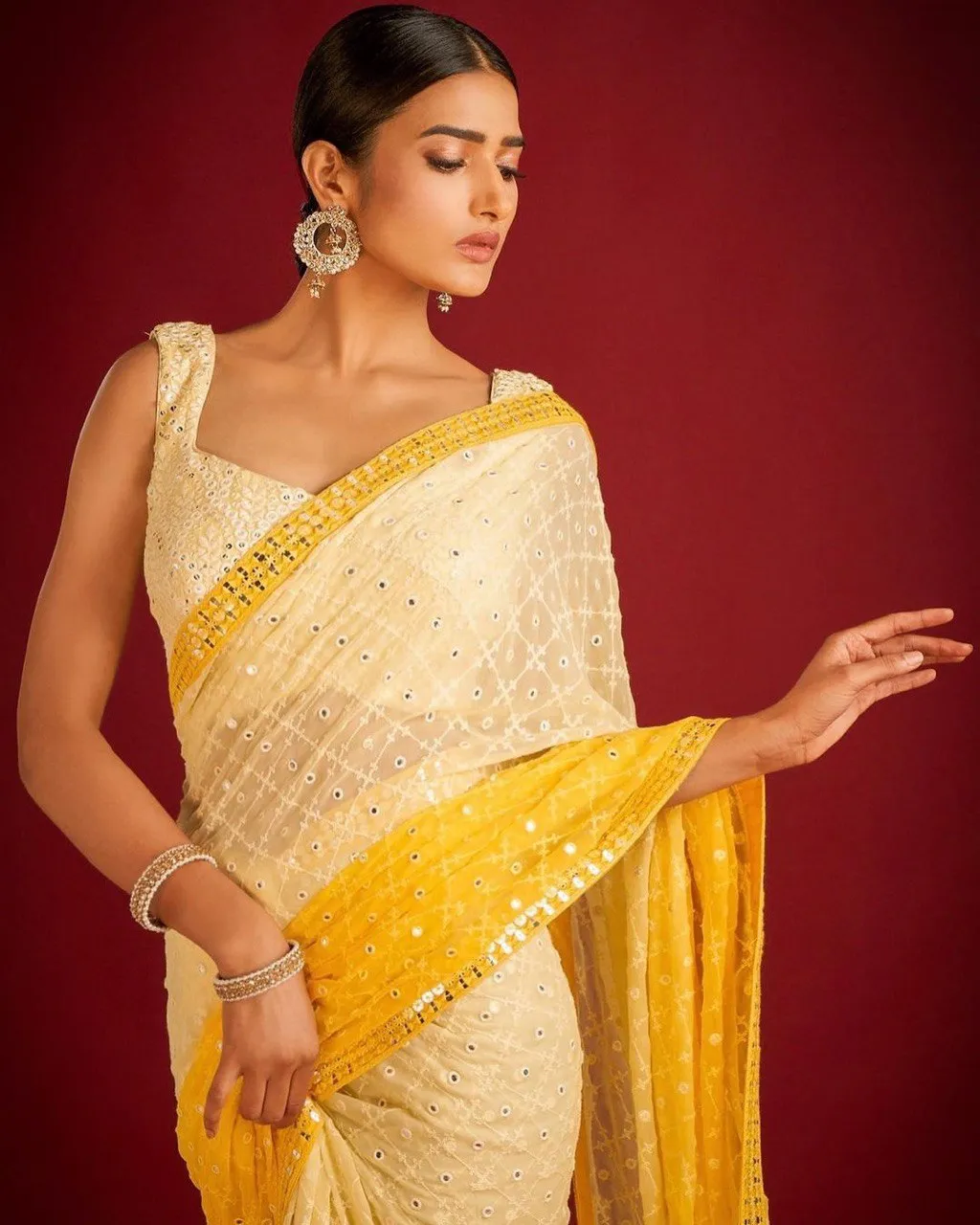 Yellow and White Pure Georgette Embroidered Sequence Work Saree