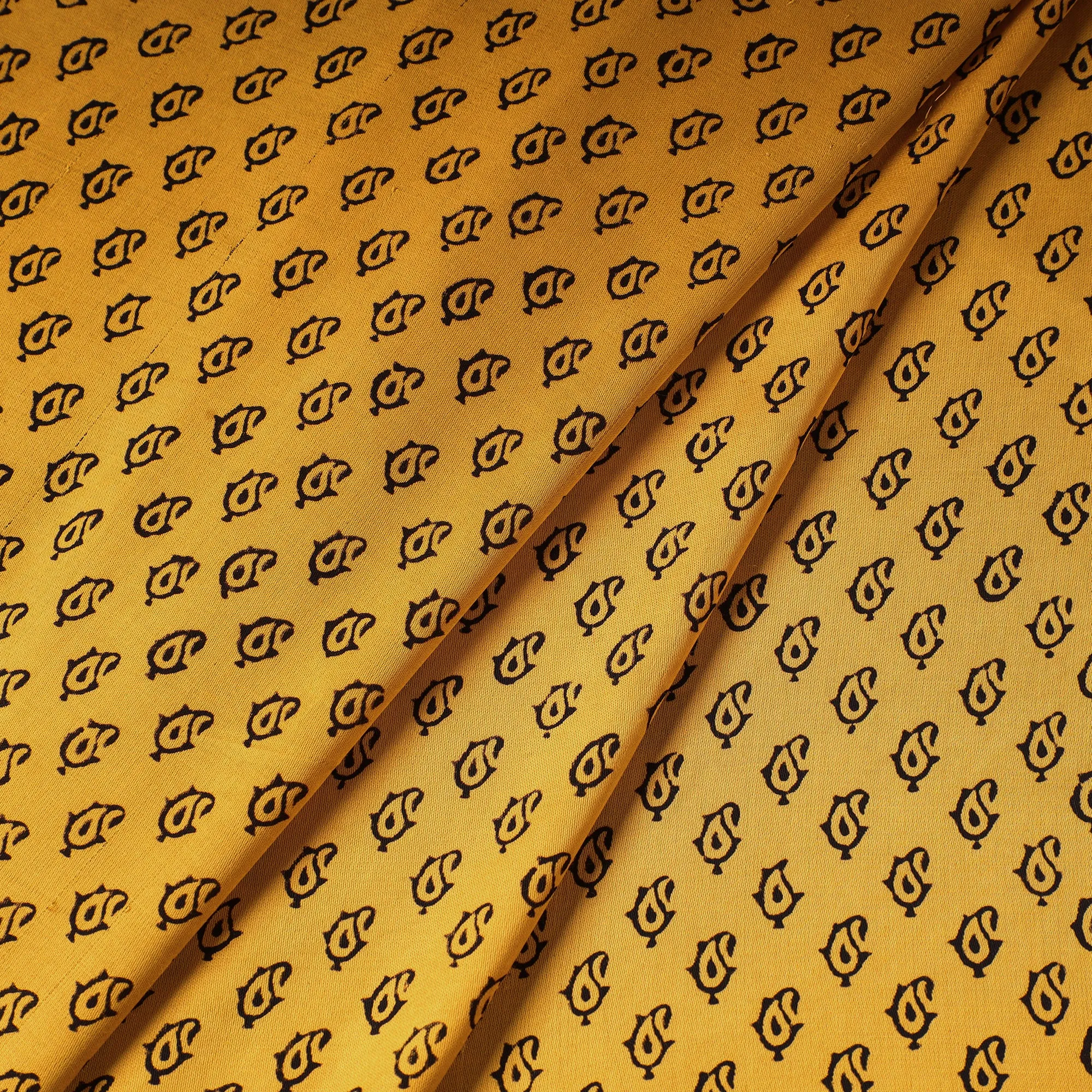 Yellow - Bagh Block Printed Modal Silk Fabric