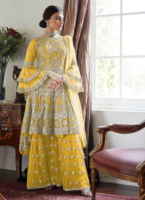 Yellow Beige Multi Embroidered Designer Gharara Suit