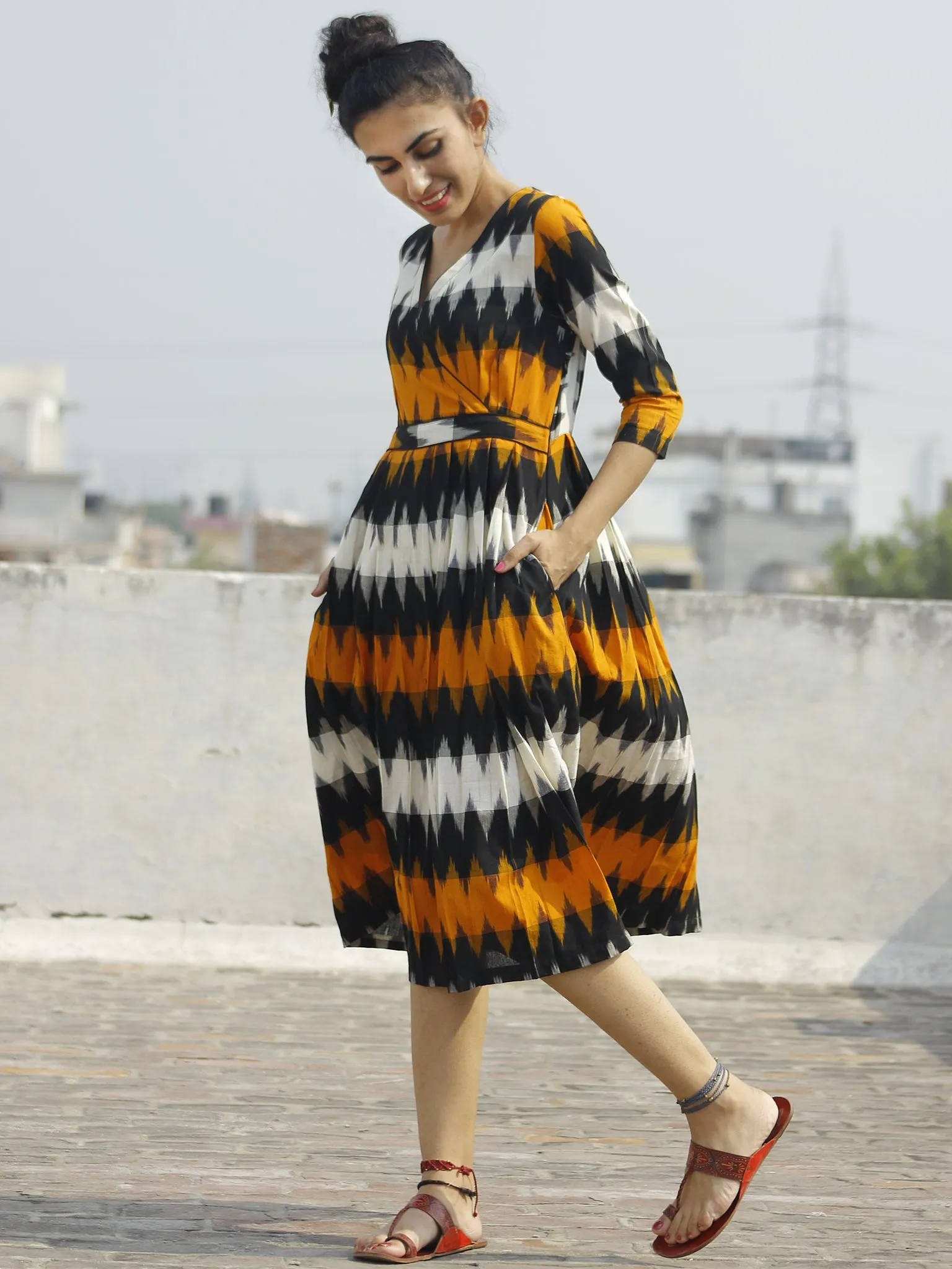 Yellow Black Ivory Ikat Dress With Gathers & Side Pockets -  D118F932