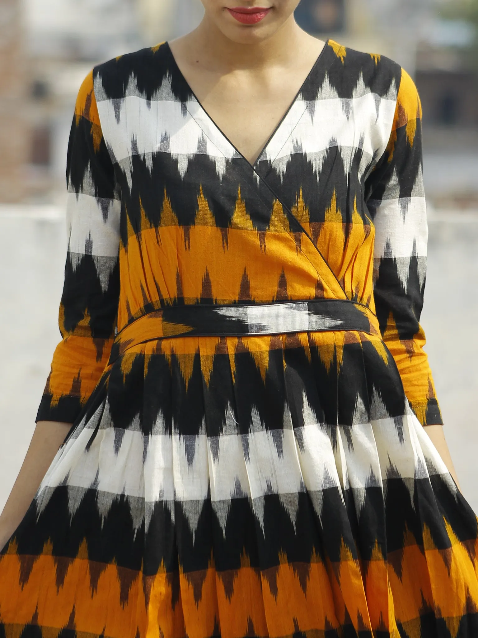 Yellow Black Ivory Ikat Dress With Gathers & Side Pockets -  D118F932