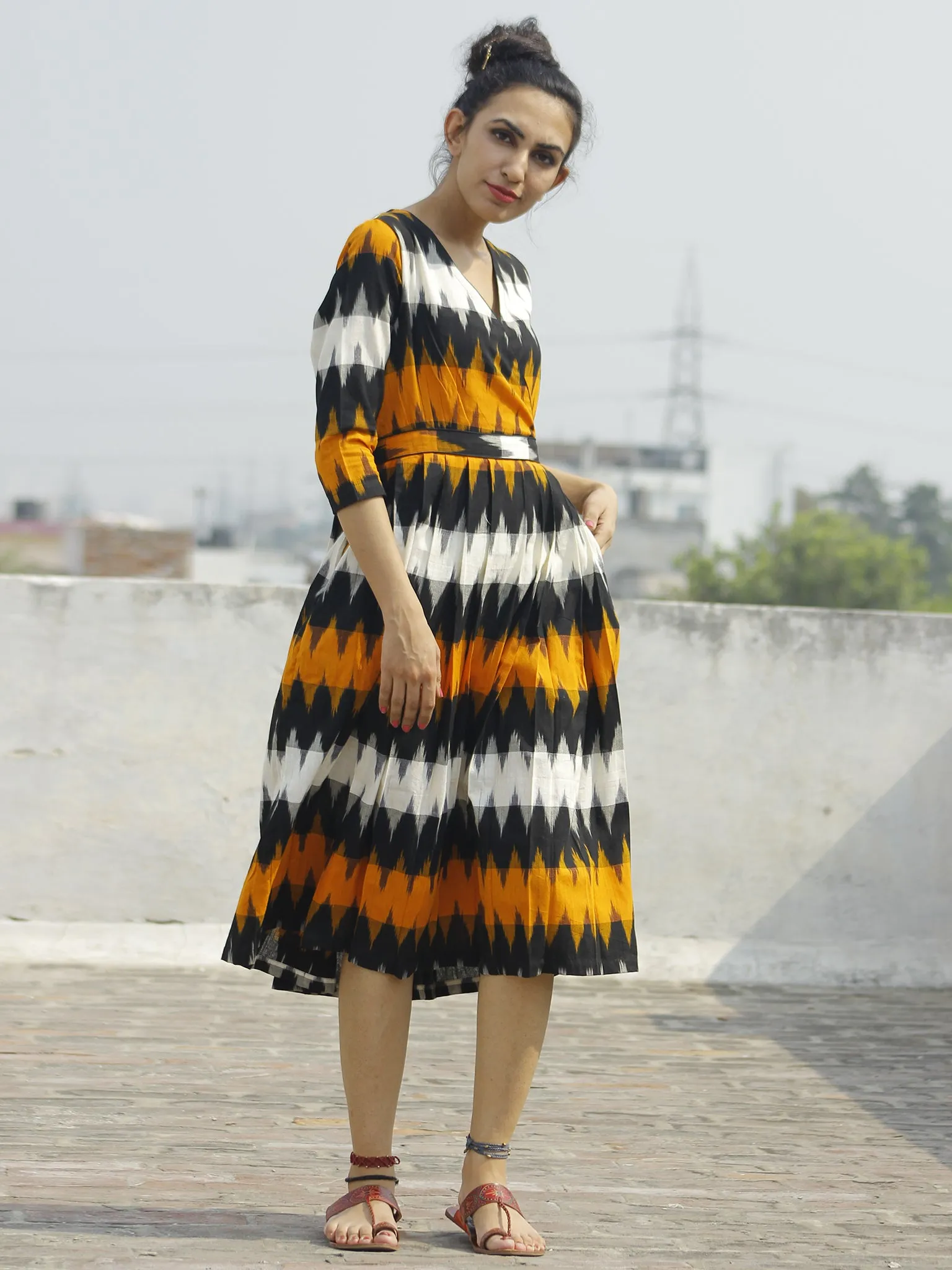 Yellow Black Ivory Ikat Dress With Gathers & Side Pockets -  D118F932