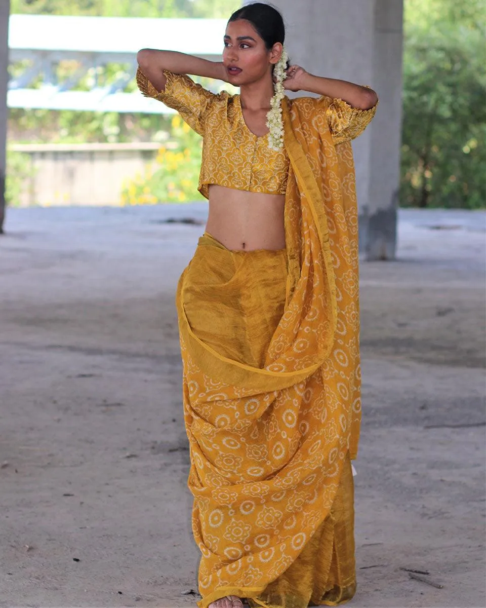 Yellow Block Printed Handwoven Linen Zari Saree - Anant