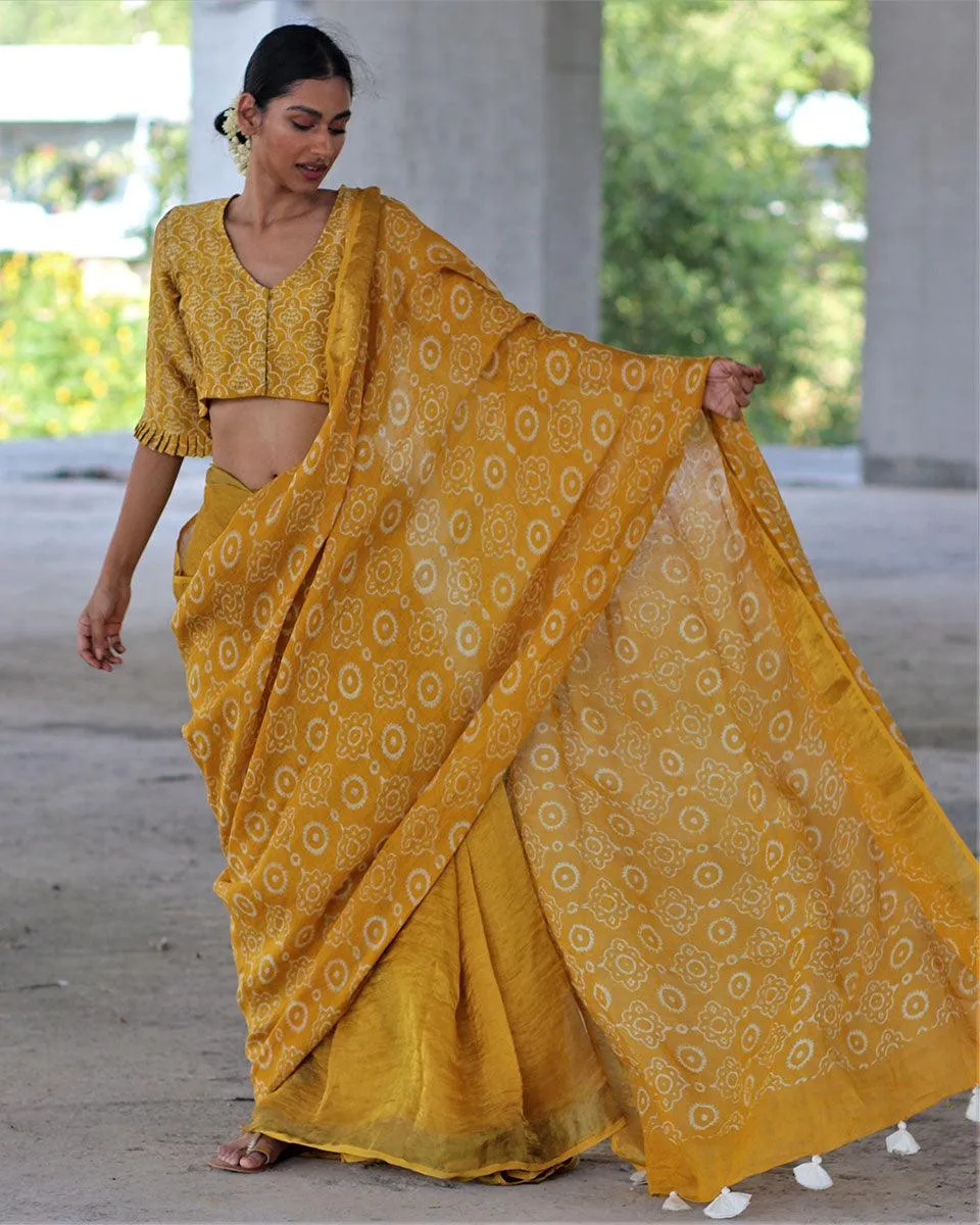 Yellow Block Printed Handwoven Linen Zari Saree - Anant