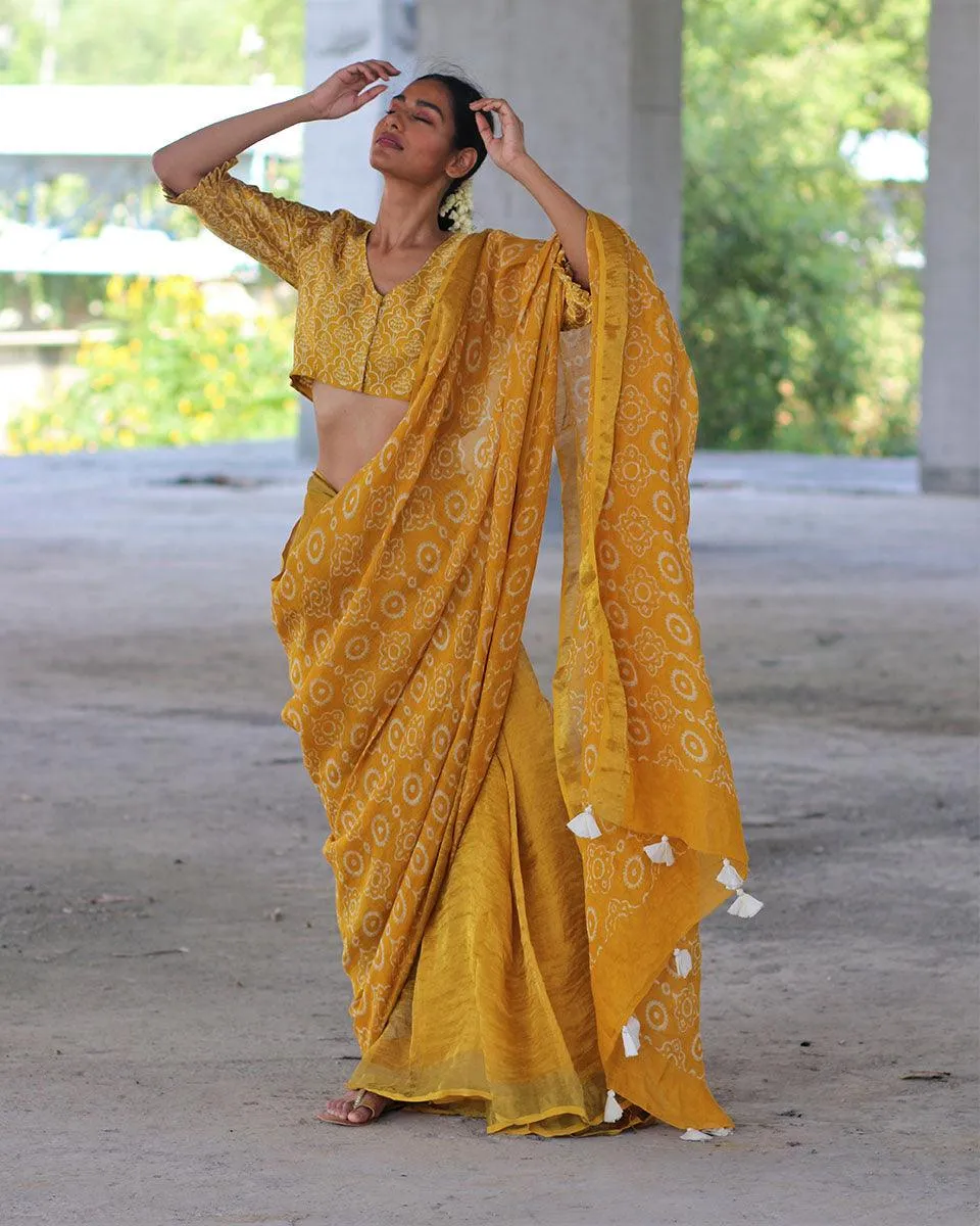 Yellow Block Printed Handwoven Linen Zari Saree - Anant