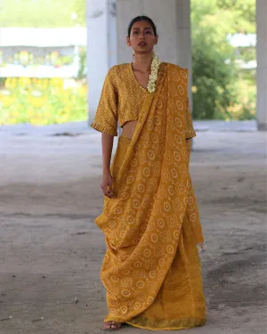 Yellow Block Printed Handwoven Linen Zari Saree - Anant