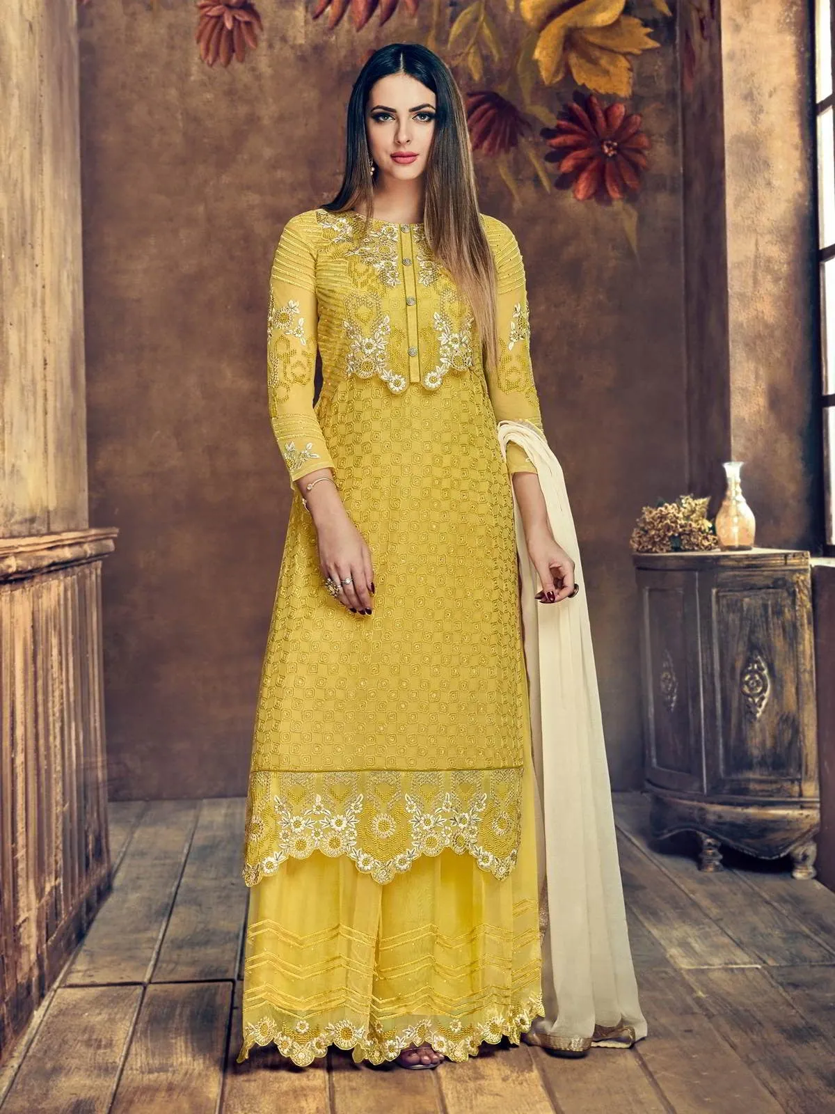 Yellow Bloom Embroidered Flared Palazzo Suit