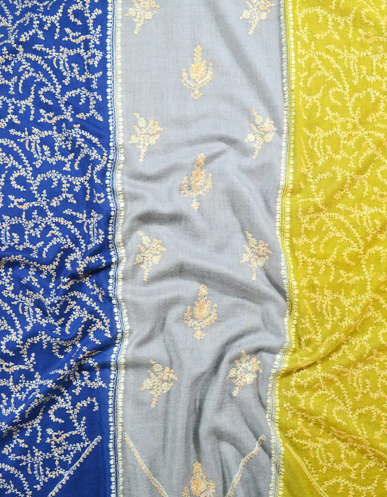 Yellow Blue And Grey Pashmina Embroidery Shawl 7704