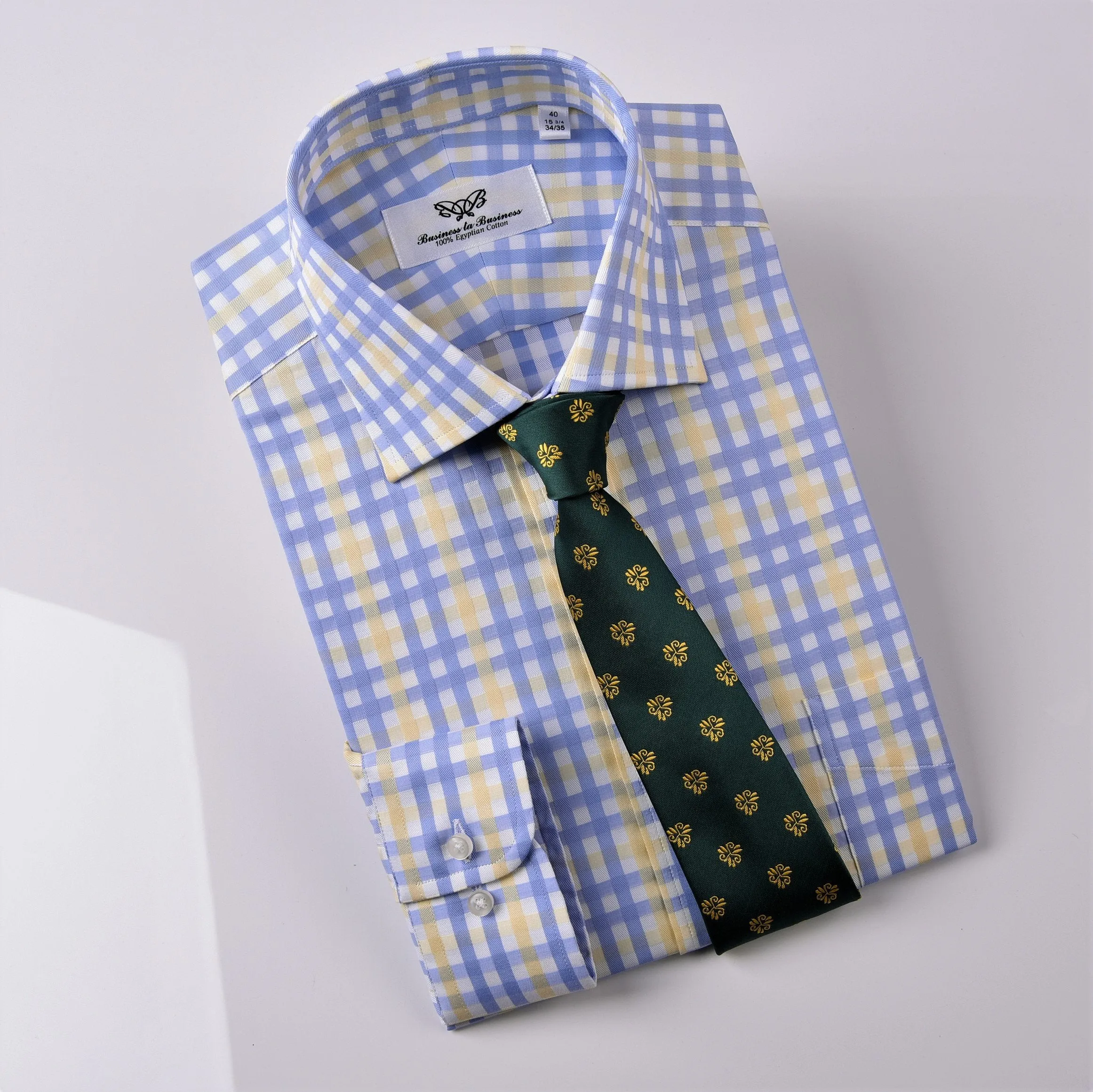 Yellow Blue Herringbone Checkered Striped Formal Business Dress Shirt Luxury Twill Design