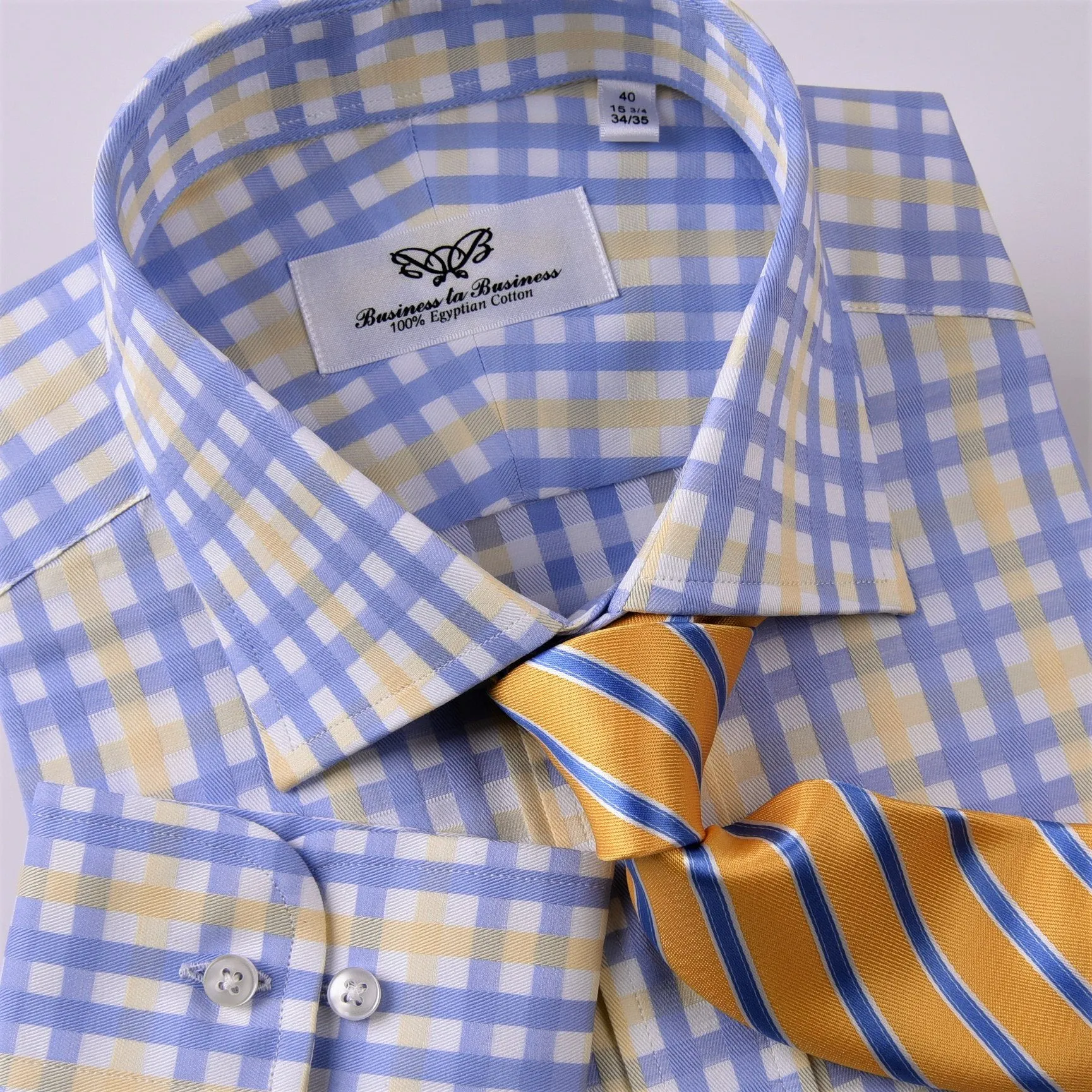 Yellow Blue Herringbone Checkered Striped Formal Business Dress Shirt Luxury Twill Design