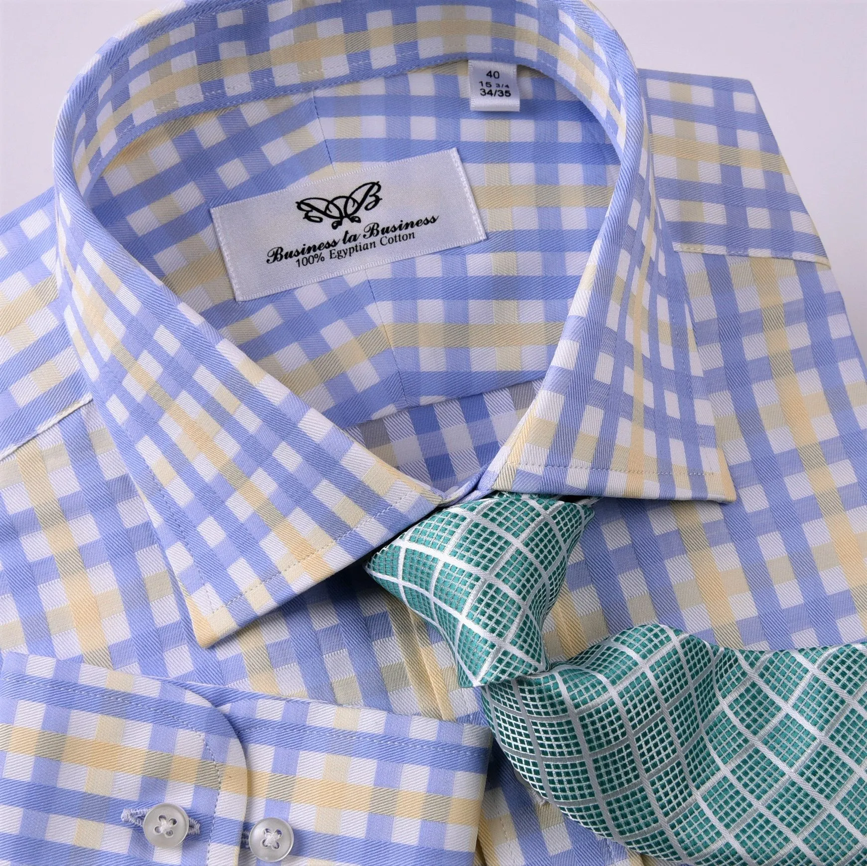 Yellow Blue Herringbone Checkered Striped Formal Business Dress Shirt Luxury Twill Design