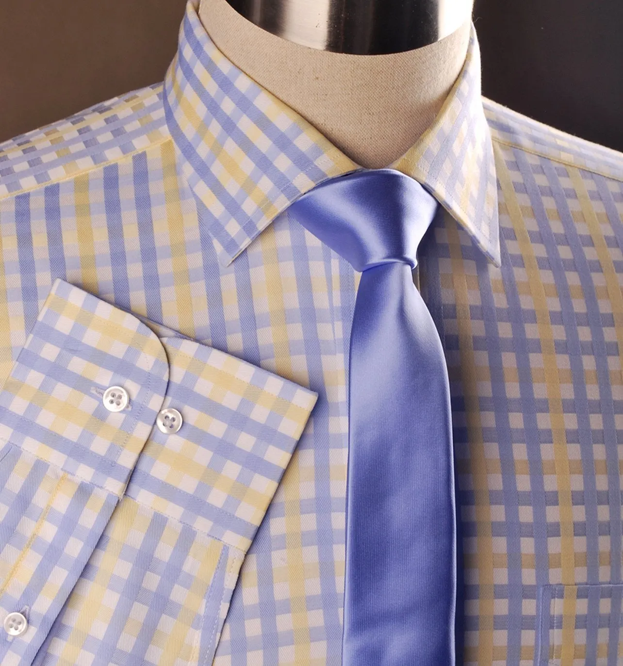 Yellow Blue Herringbone Checkered Striped Formal Business Dress Shirt Luxury Twill Design