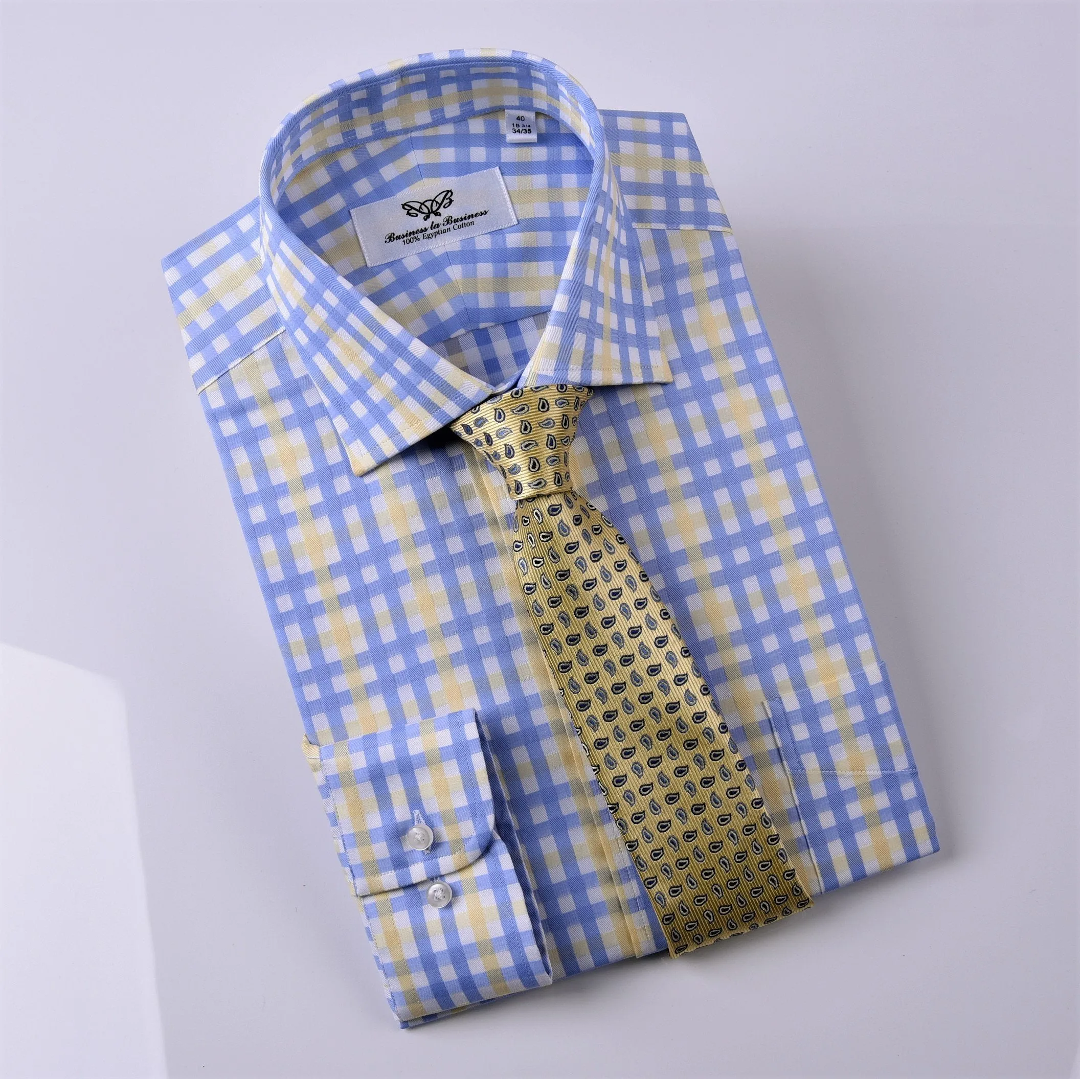 Yellow Blue Herringbone Checkered Striped Formal Business Dress Shirt Luxury Twill Design