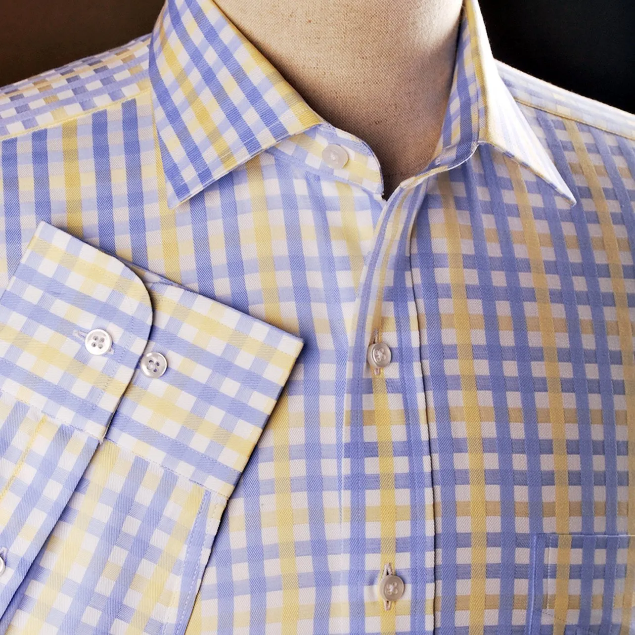 Yellow Blue Herringbone Checkered Striped Formal Business Dress Shirt Luxury Twill Design