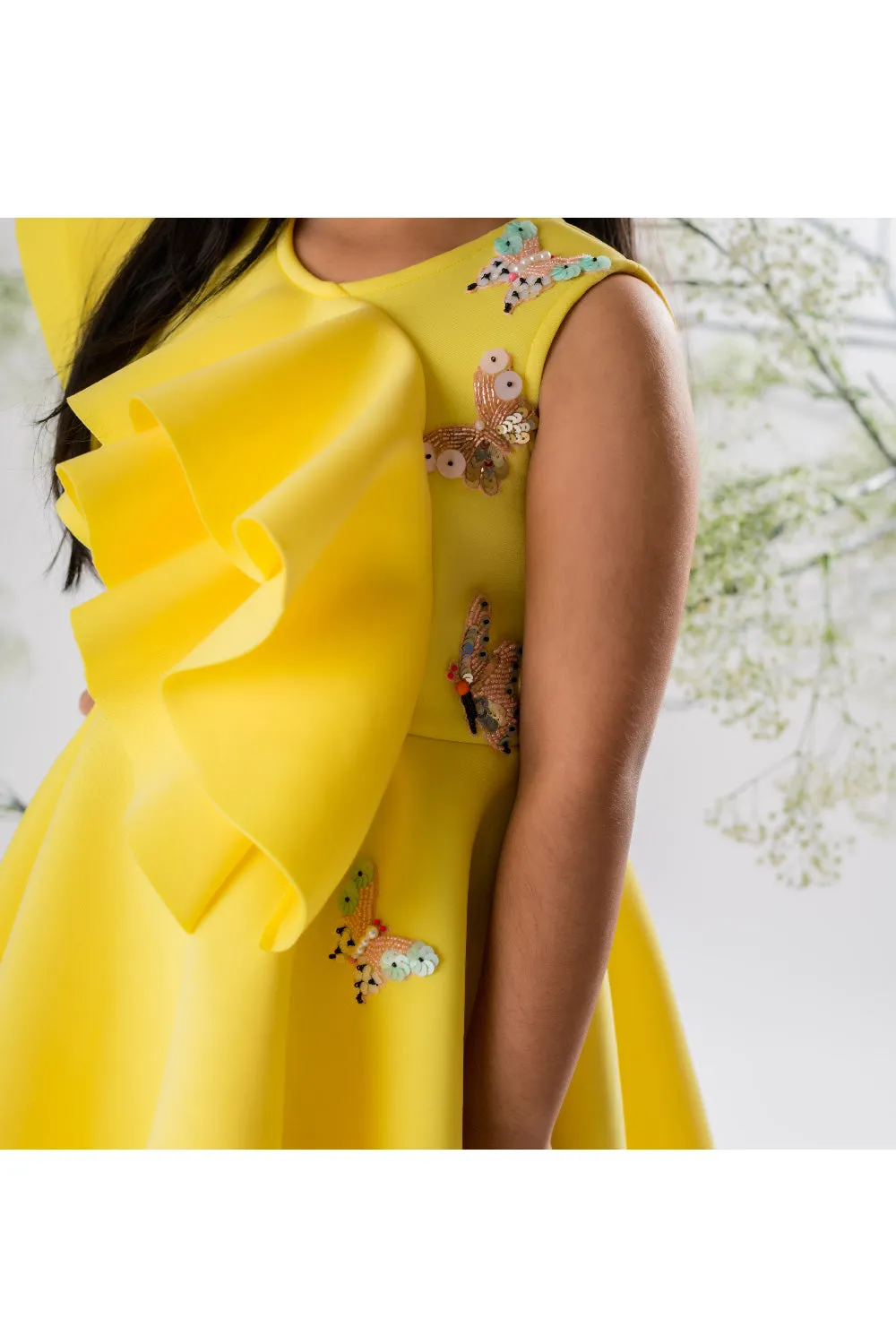 Yellow Butterfly Embellished Scuba Dress