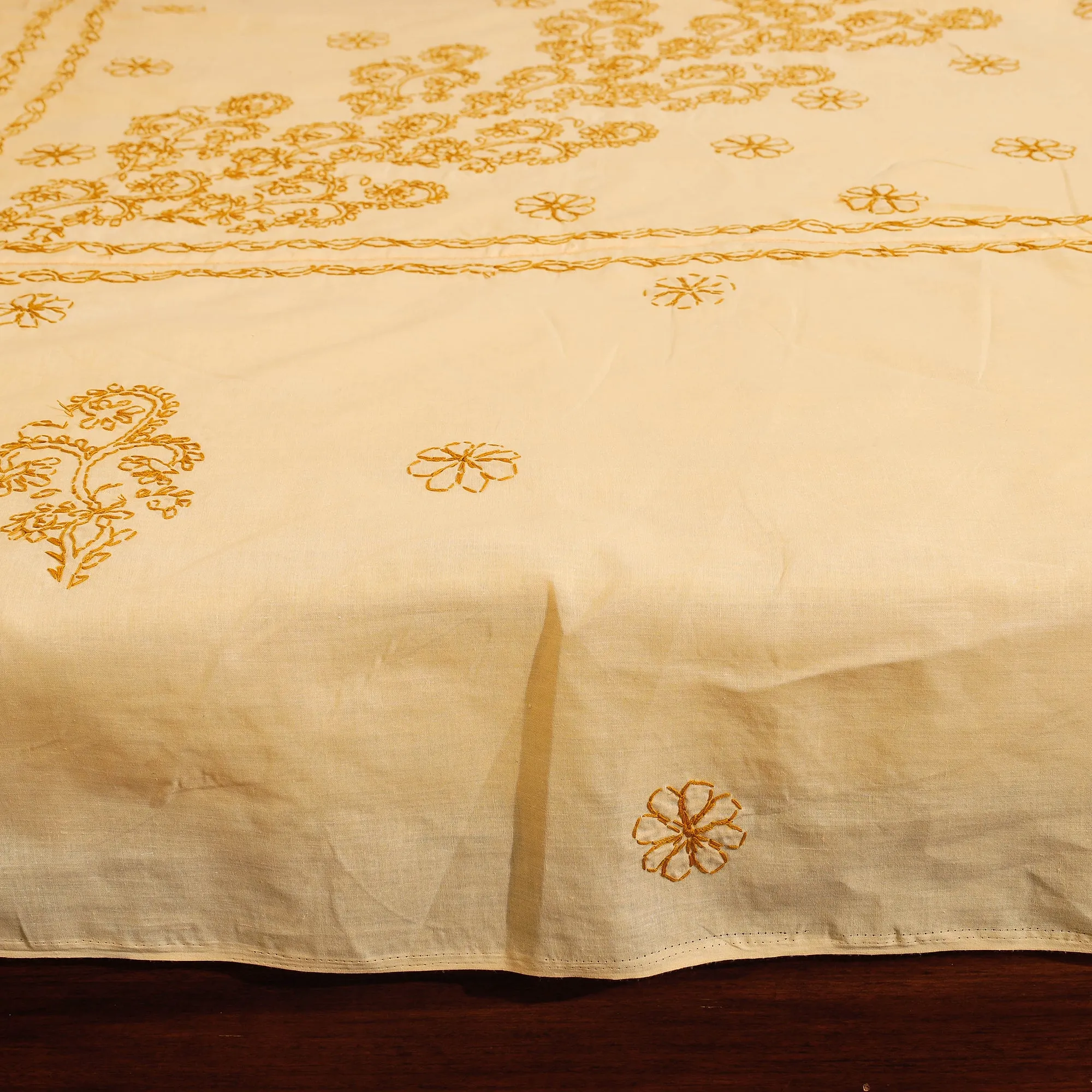 Yellow - Chikankari Hand Embroidery Cotton Double Bedcover with Pillow Covers (102 x 84 in)