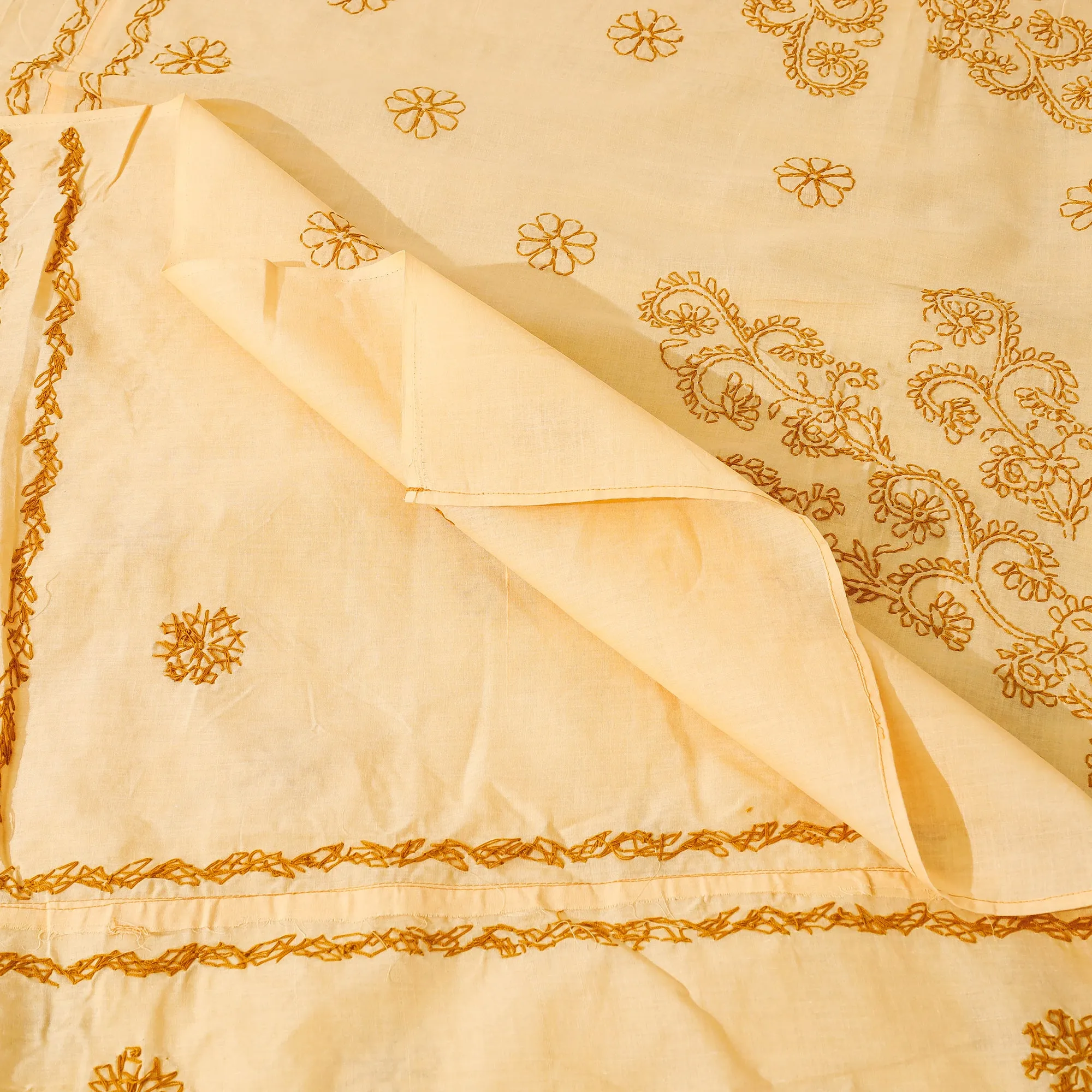 Yellow - Chikankari Hand Embroidery Cotton Double Bedcover with Pillow Covers (102 x 84 in)