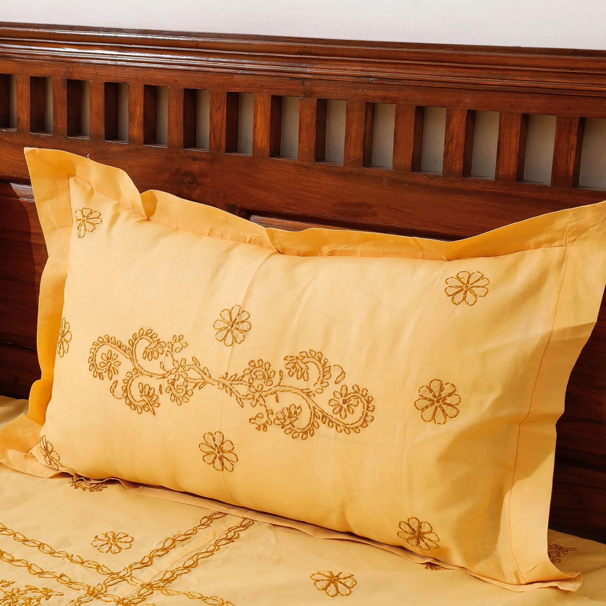 Yellow - Chikankari Hand Embroidery Cotton Double Bedcover with Pillow Covers (102 x 84 in)